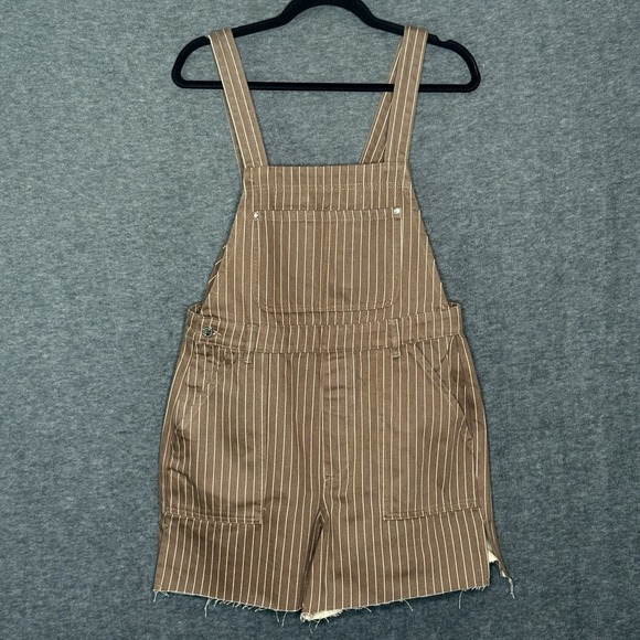 WeWoreWhat Pinstripe Overall Shorts Brown Medium Slit Leg 100% Cotton - Picture 1 of 12
